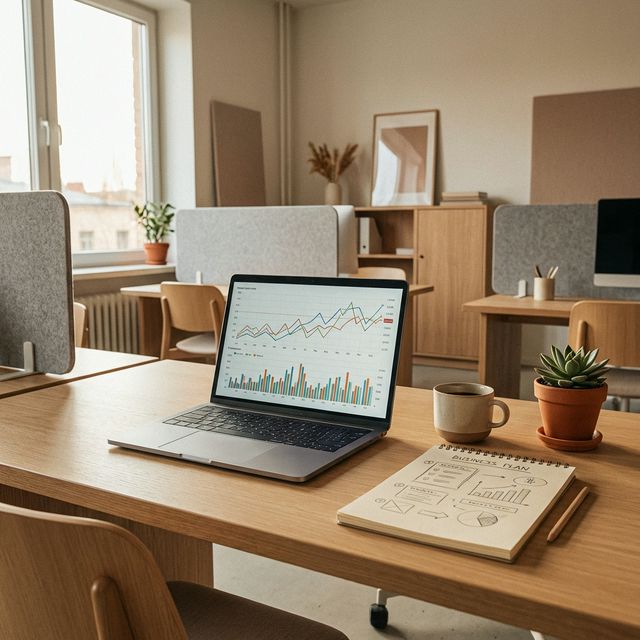 Business plan per MVP su scrivania con grafici di proiezioni finanziarie e logo crowdfunding