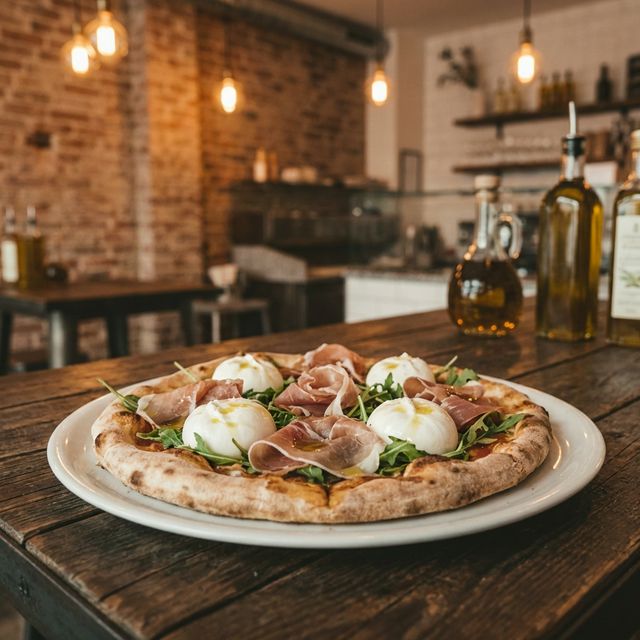 Pizza gourmet con ingredienti premium su tavolo elegante di pizzeria moderna 2026